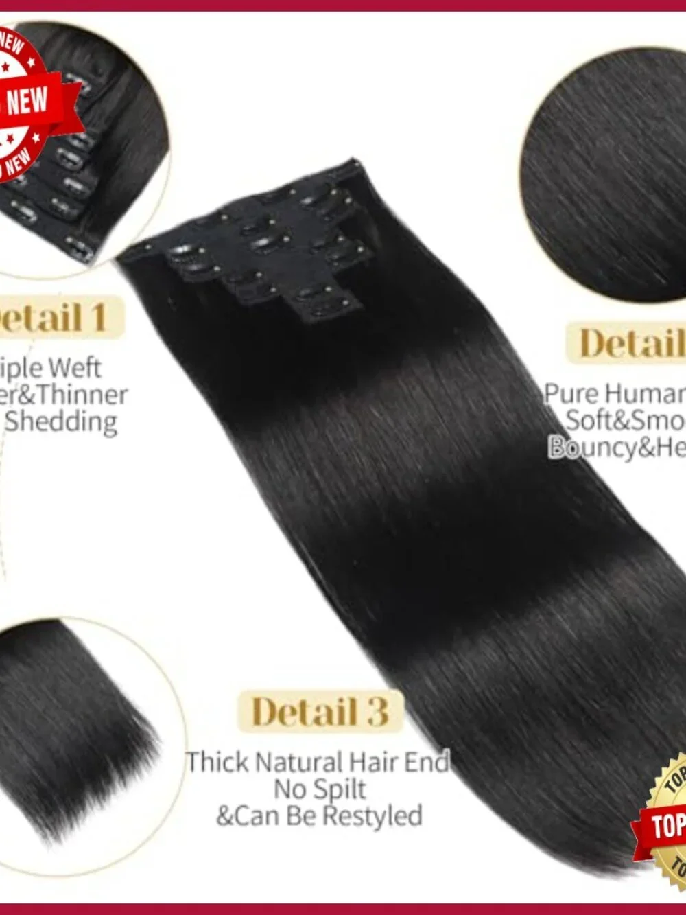 24 Inch Clip-In Human Hair Extensions, 7pcs 70g Pack, Straight Style